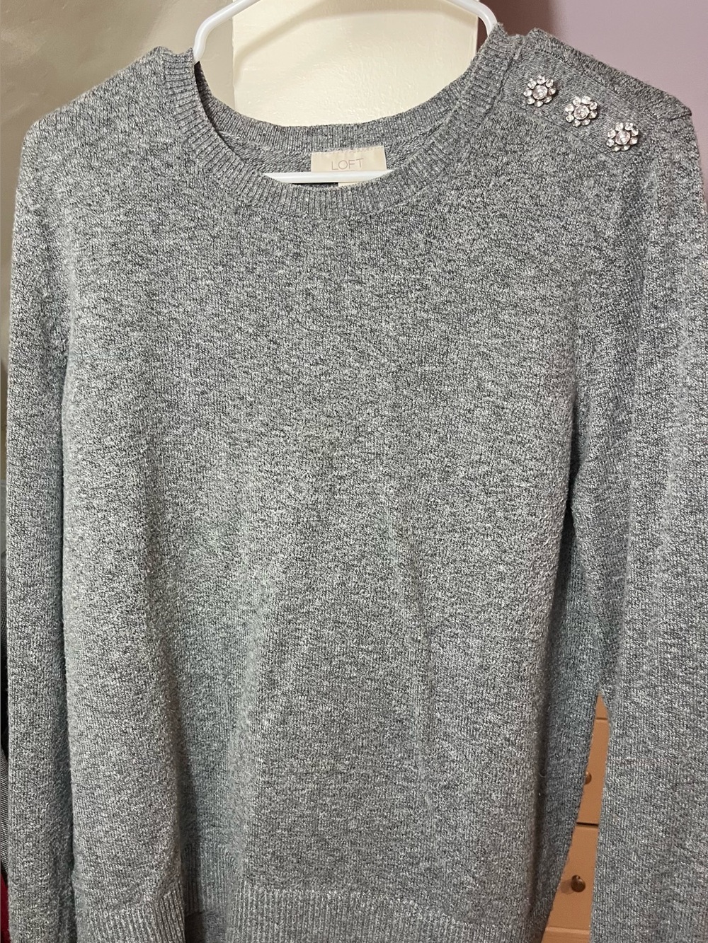 LOFT Heather Gray Crewneck Sweater with Shoulder Jewel Buttons